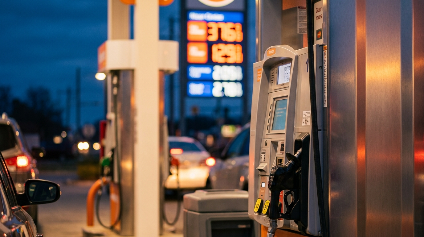 Gas station price sign at dusk with fuel pumps in the foreground