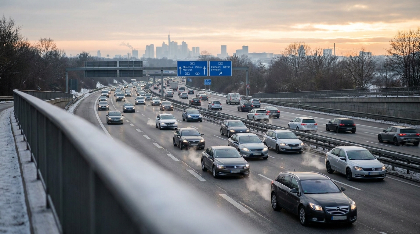 Deutsche Autobahn im morgendlichen Berufsverkehr mit Pendlerfahrzeugen
