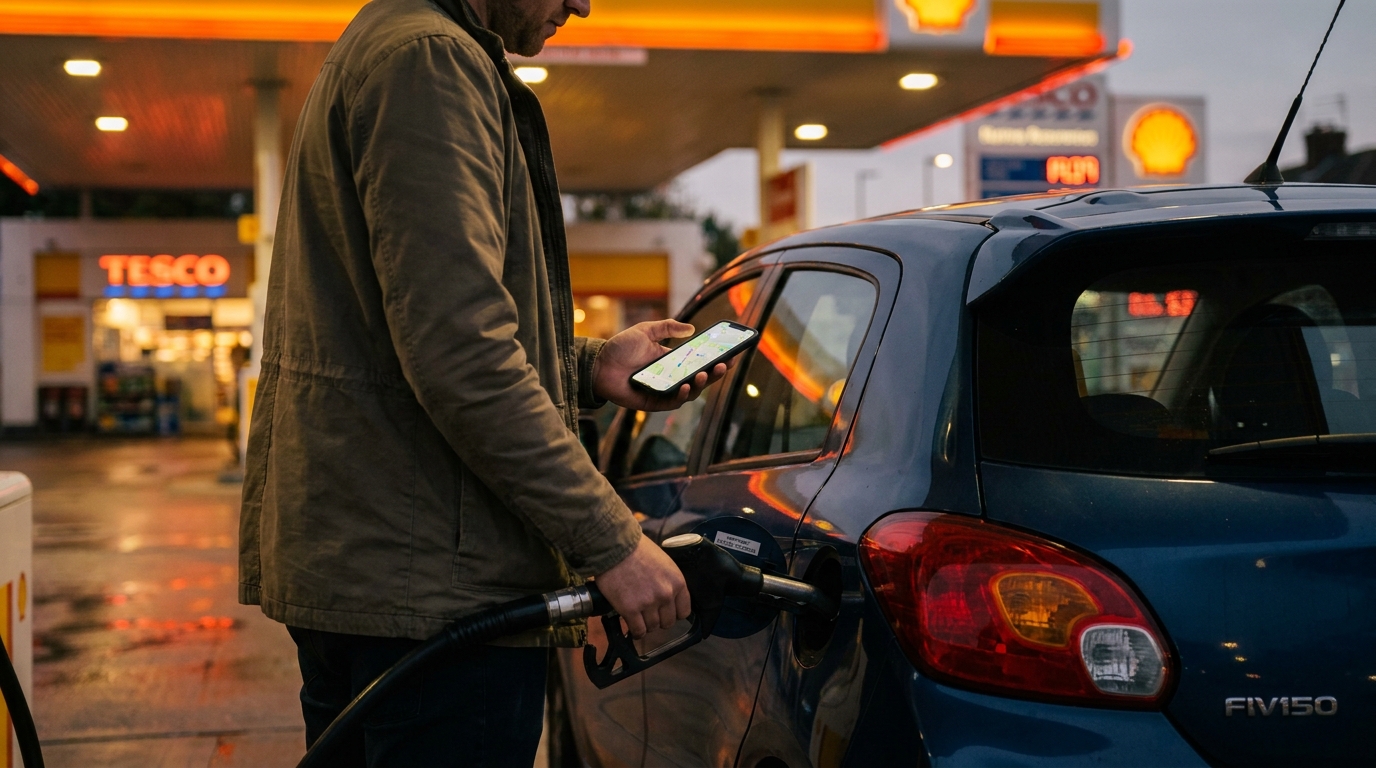 A driver checking a smartphone app while refuelling at a UK forecourt