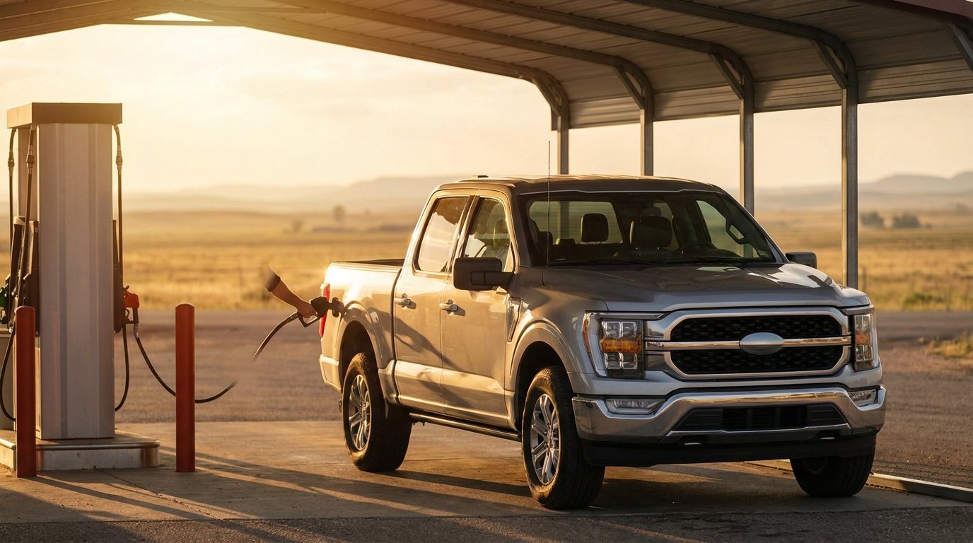 A full-size pickup truck parked at a fuel pump at a highway gas station during late afternoon