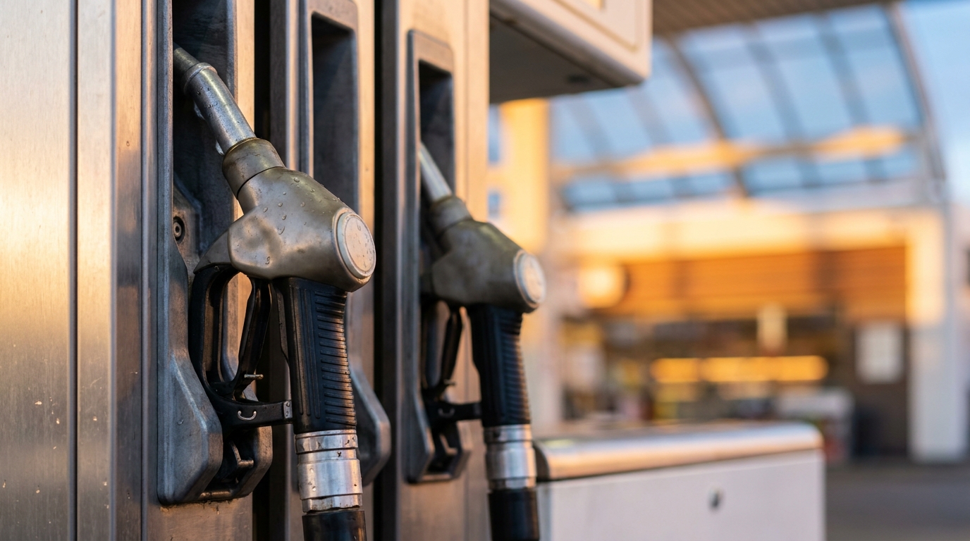 Three gas pump nozzles side by side labeled with octane grades, back-lit at dusk.