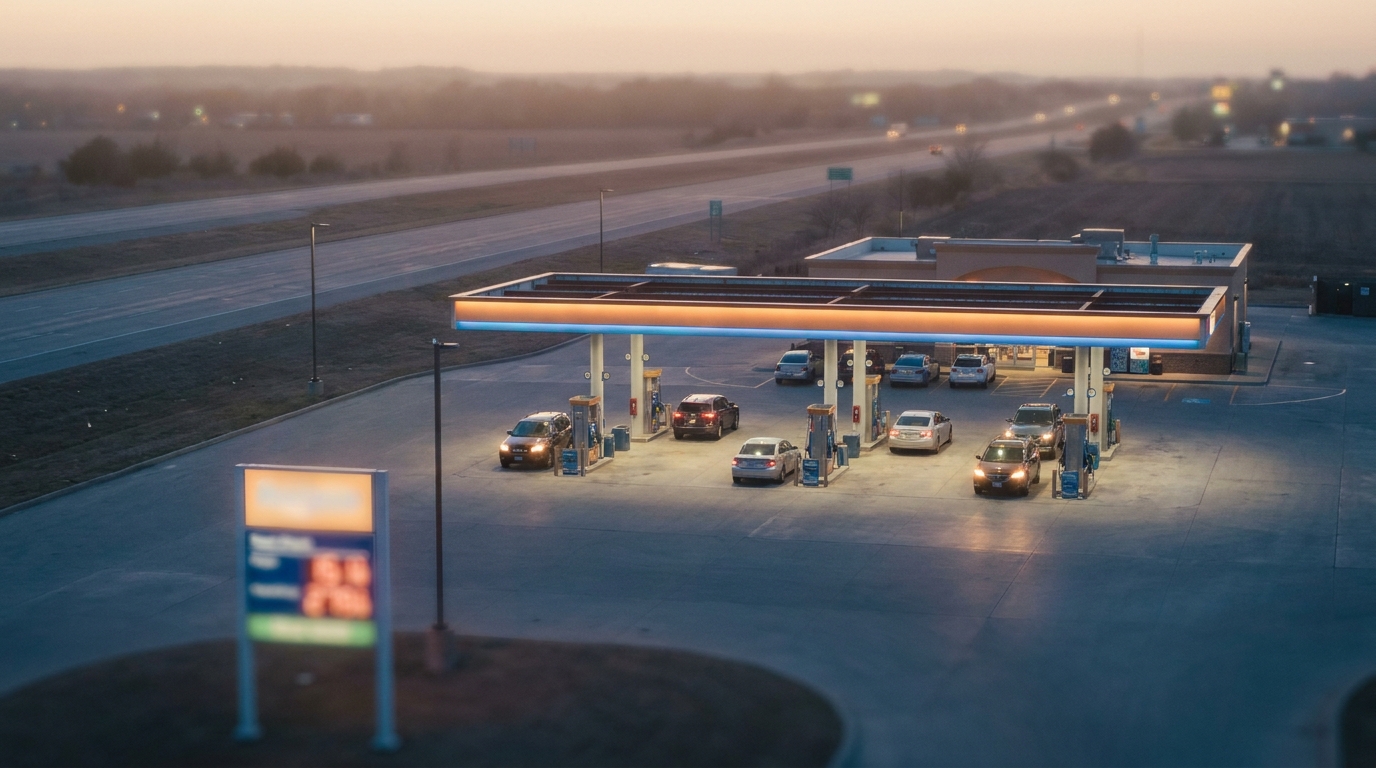 Overhead view of a highway fuel station at dusk with price sign illuminated