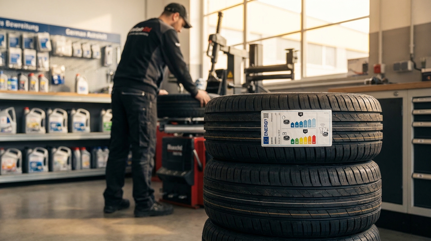 Nahaufnahme eines neuen Sommerreifens mit EU-Reifenlabel neben einem Auto in einer deutschen Werkstatt