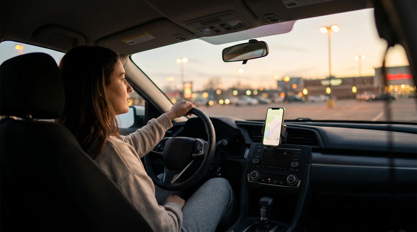 Rideshare driver checking phone in a compact sedan at dusk in an urban parking area