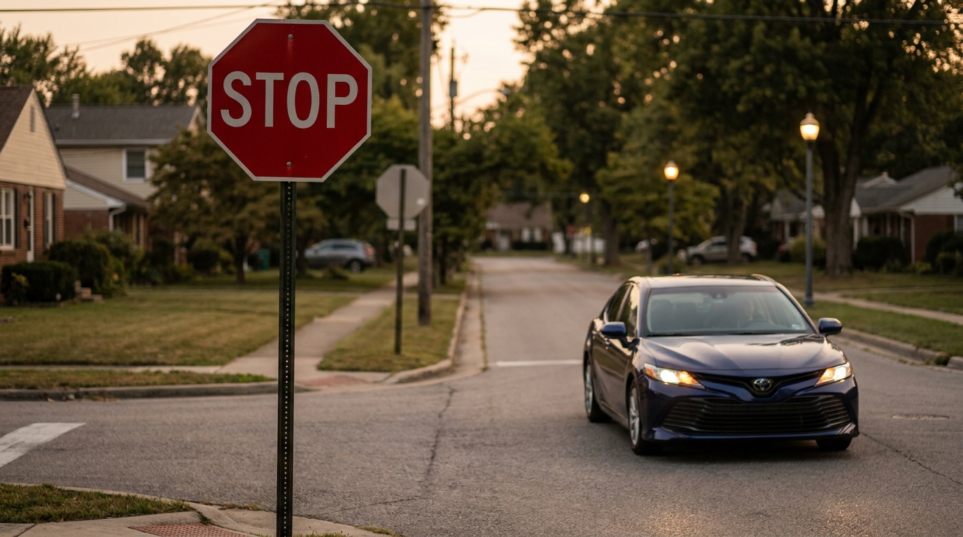 Empty suburban intersection with a stop sign at dusk