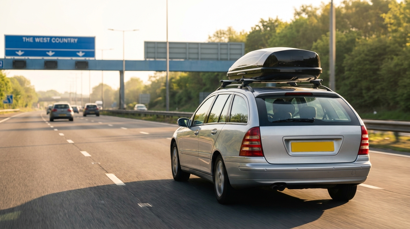 Family estate car with a black roof box loaded on a UK motorway heading west