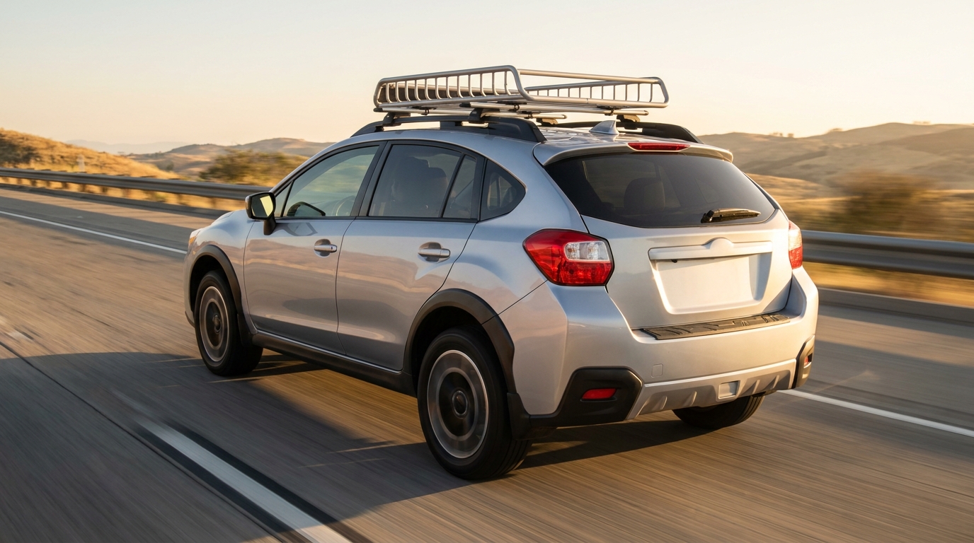 Silver SUV with an empty roof rack driving on a highway at sunset