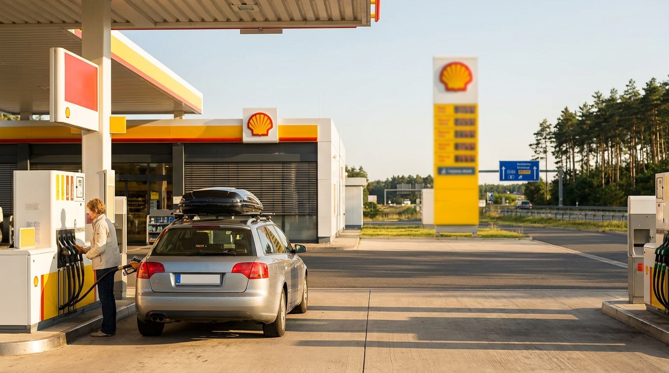 Tankstelle an einer deutschen Autobahn an einem Sommernachmittag mit sichtbarer Preistafel