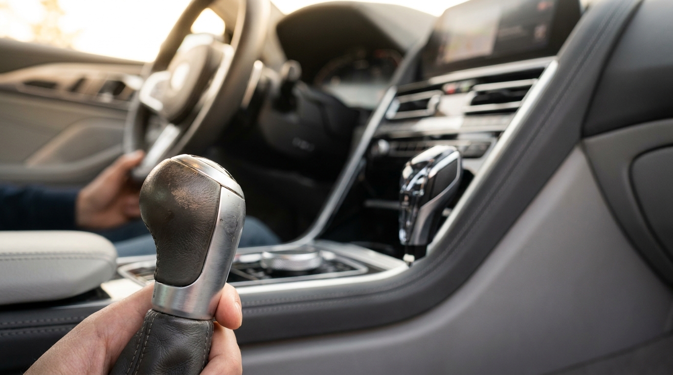 Nahaufnahme eines Schalthebels mit Automatik-Wählhebel im Hintergrund in einem modernen Fahrzeug-Innenraum