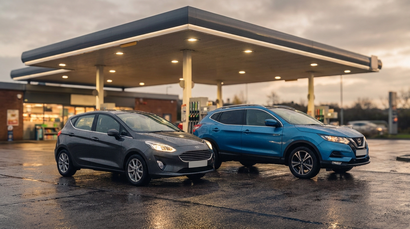 A small hatchback and a mid-size SUV parked side by side at a UK petrol station forecourt