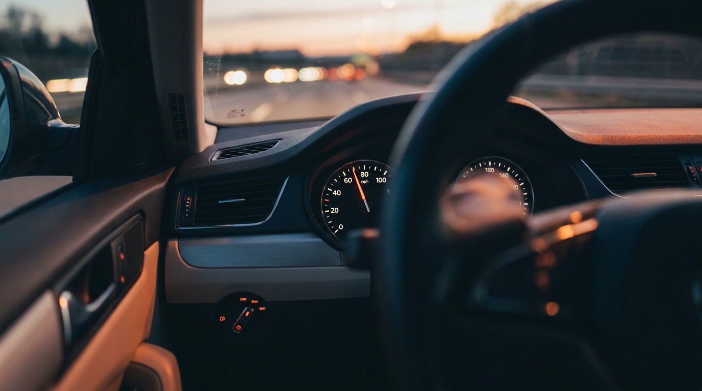 Speedometer needle sweeping past 70 mph on a highway at dusk