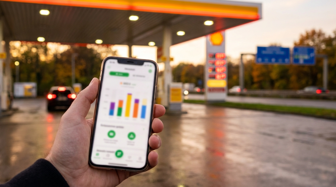 Smartphone mit geöffneter Spritpreis-App vor einer deutschen Tankstelle bei Dämmerung