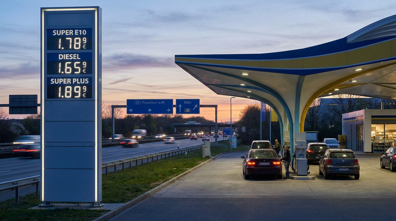 Tankstelle an einer deutschen Autobahn mit Preisanzeige im Abendlicht