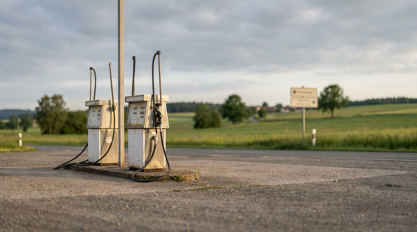 Kleine Tankstelle an einer Landstraße in Brandenburg bei Morgenlicht