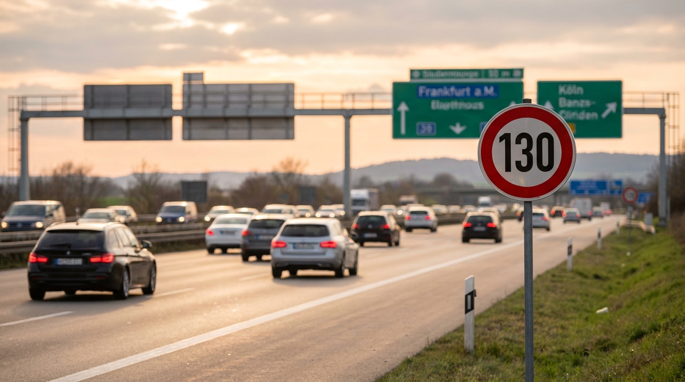 Deutsche Autobahn mit Tempolimit-Schild 130 und fließendem Verkehr in der Abenddämmerung