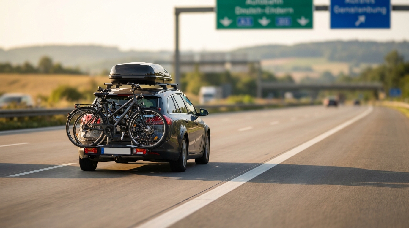 Voll beladener Kombi mit Dachbox auf einer deutschen Autobahn