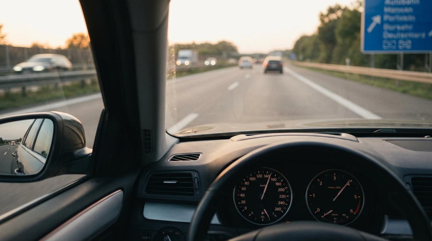 Tachometer eines Mittelklassewagens bei etwa 130 km/h auf einer deutschen Autobahn in der Abenddämmerung