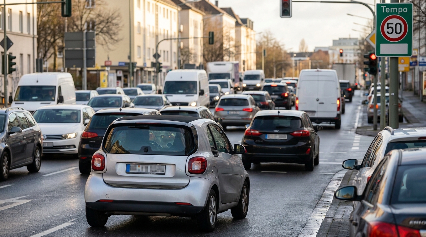 Stop-and-Go-Verkehr auf einer innerstädtischen Hauptstraße in Deutschland bei Tageslicht