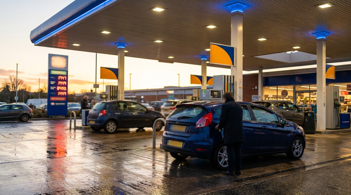 A UK supermarket forecourt at dusk with illuminated pump price signs