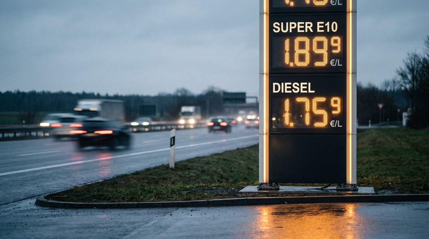 Preisanzeige einer deutschen Tankstelle mit Diesel- und Super-E10-Preisen am Abend