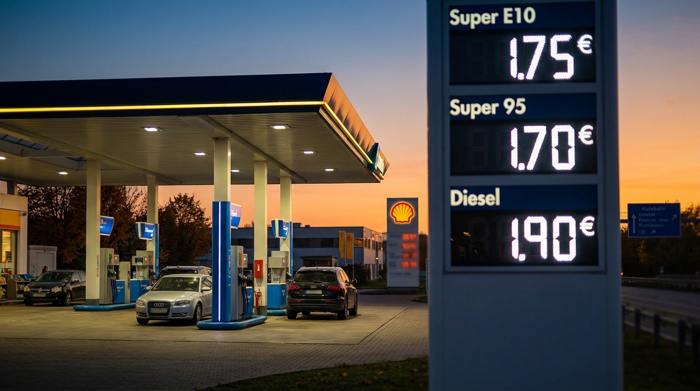 Tankstellen-Preistafel an einer deutschen Autobahn am Abend