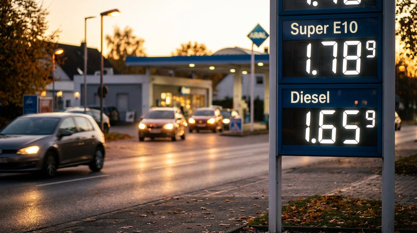 Preistafel einer deutschen Tankstelle mit Diesel- und Superpreisen bei Dämmerung