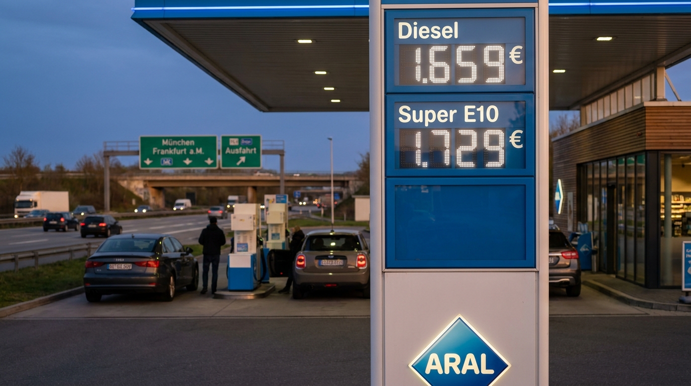 Deutsche Autobahntankstelle in der Abenddämmerung mit beleuchteter Preisanzeige