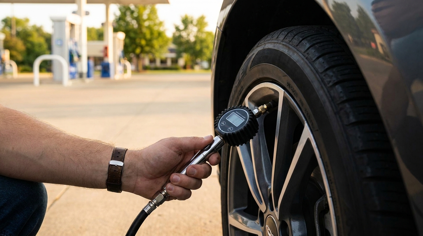 A digital tire pressure gauge held against a car tire valve, late-afternoon light, close-up editorial photo.
