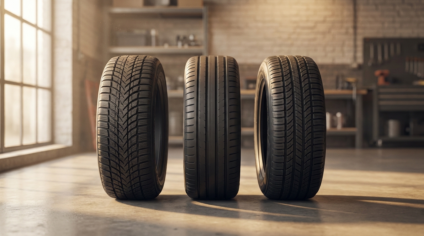 Three tires lined up on a workshop floor showing different tread patterns