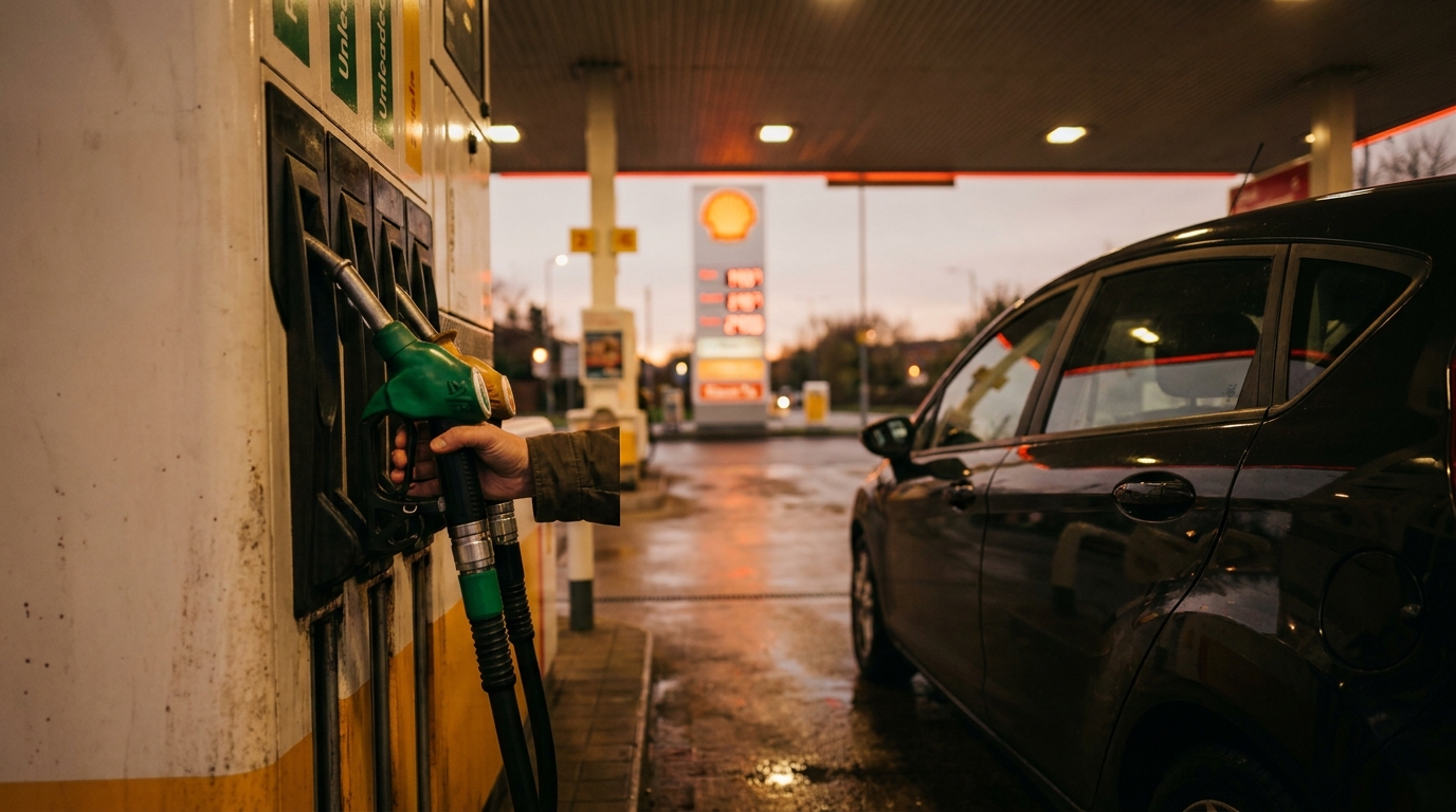 Diesel and petrol pump nozzles at a UK forecourt with price display in the background