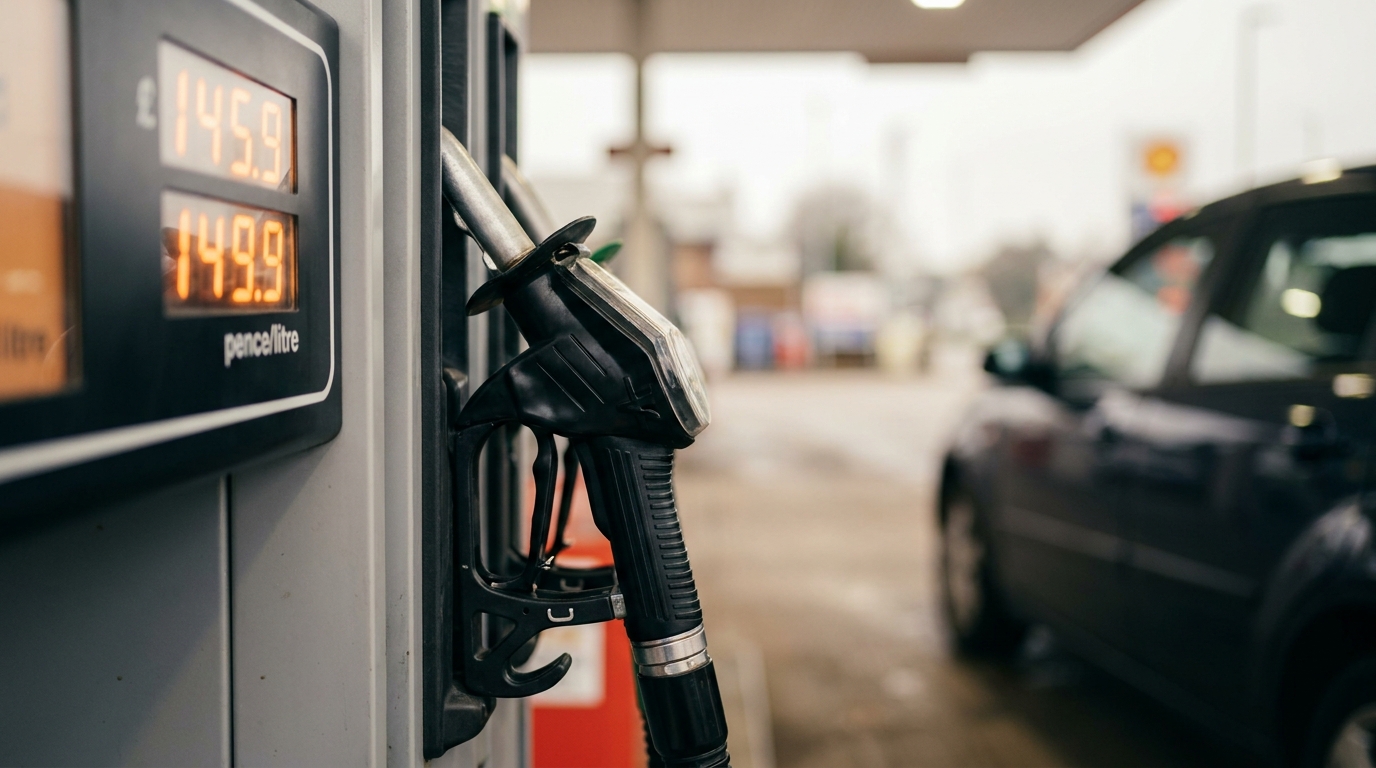 Close-up of a UK petrol pump display showing pence per litre at a motorway service station