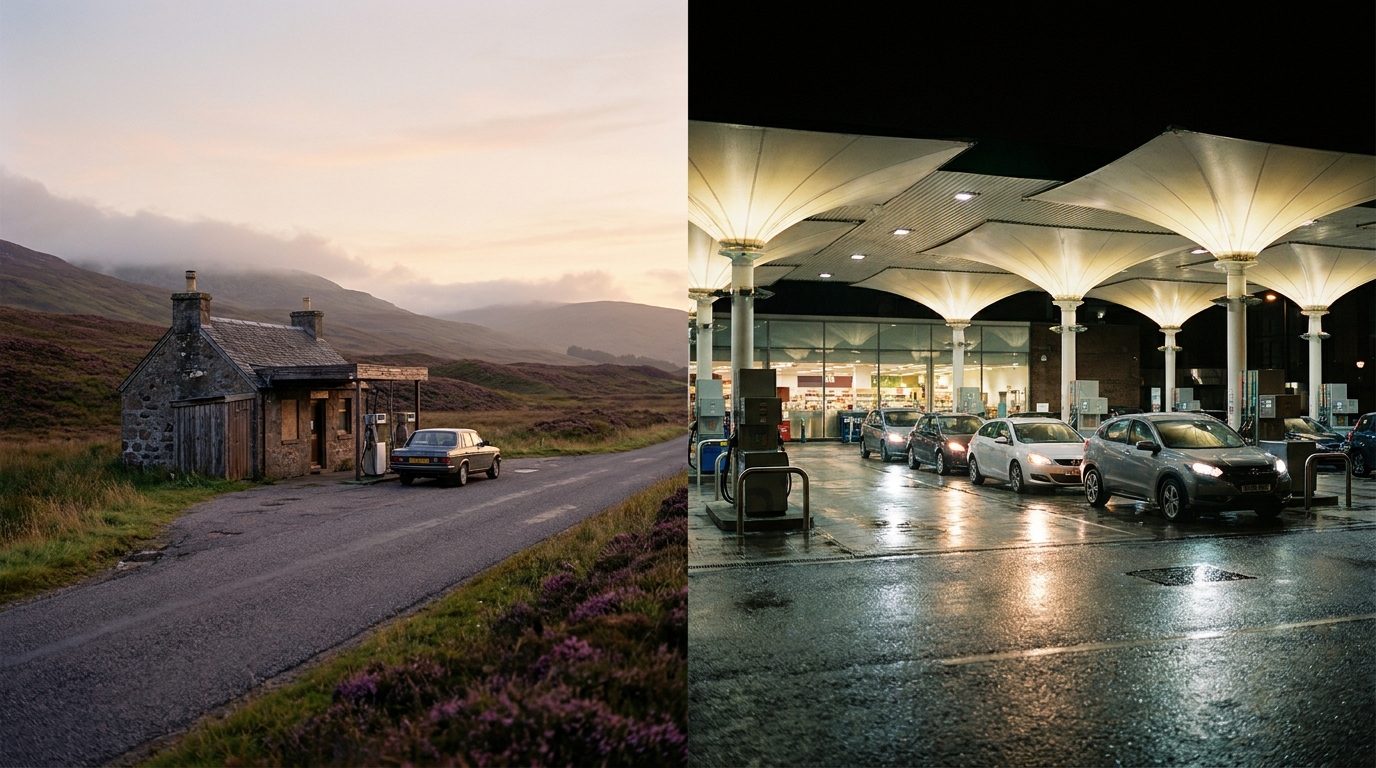 A rural single-pump filling station in the Scottish Highlands at dusk, contrasted with a busy urban forecourt