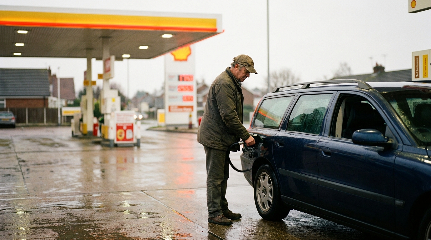 Used diesel estate car being refuelled at a UK forecourt on a grey afternoon