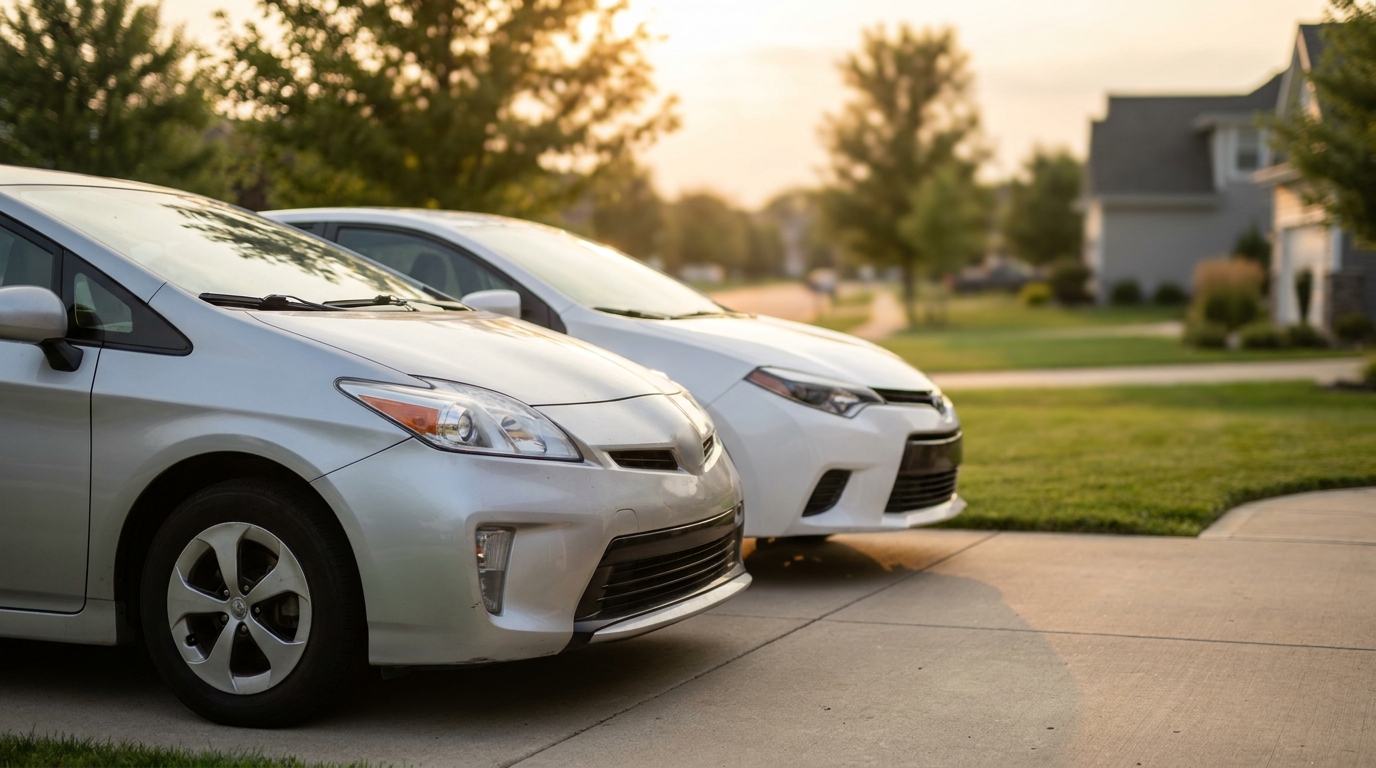 A three-year-old hybrid sedan parked next to a new compact gas car in a suburban driveway at dusk