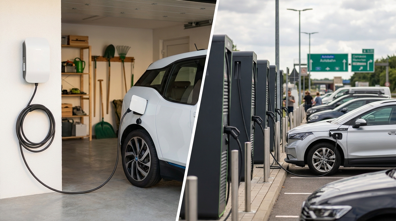 Elektroauto lädt an einer weißen Wallbox in einer deutschen Garage neben einer öffentlichen Schnellladesäule