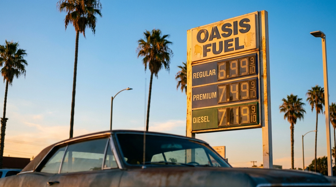 A California gas station sign showing regular and premium prices above four dollars per gallon, with palm trees in the background.