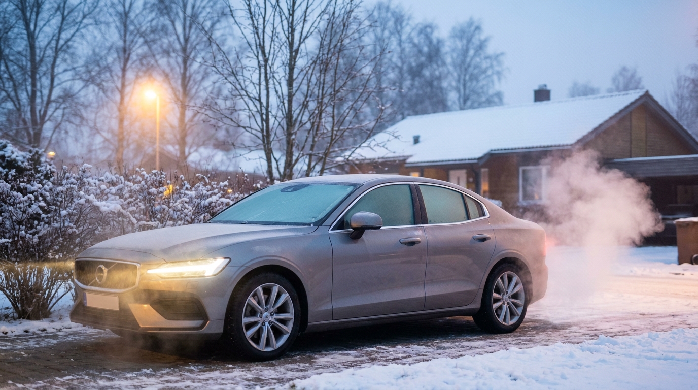 Frost-covered sedan idling in a snowy suburban driveway at dawn with visible exhaust vapor